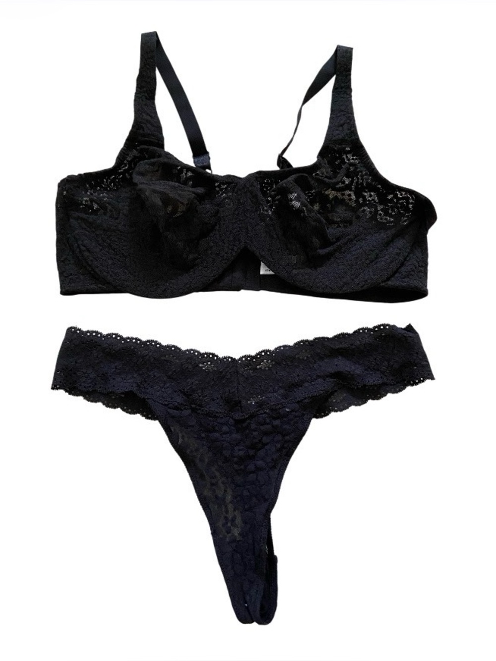 Wacoal Black Lace Underwire Bra 40D& Thong size L Set -new no tags
